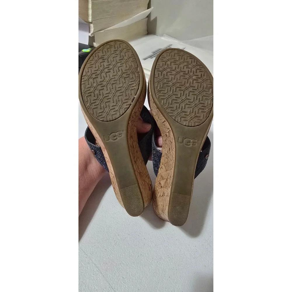 UGG Lucianna Navy Blue Snakeskin Embossed Cork Wedge Sandals 1011000 Mens 8.5